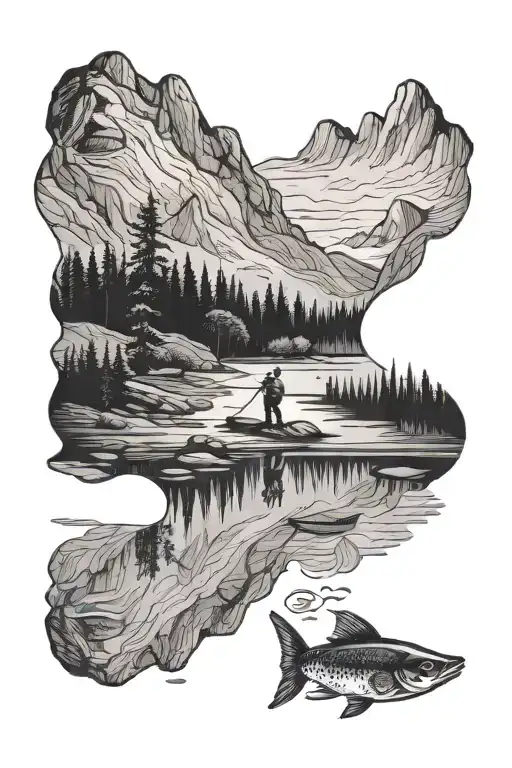 Mountain Lake With Fisherman Casting