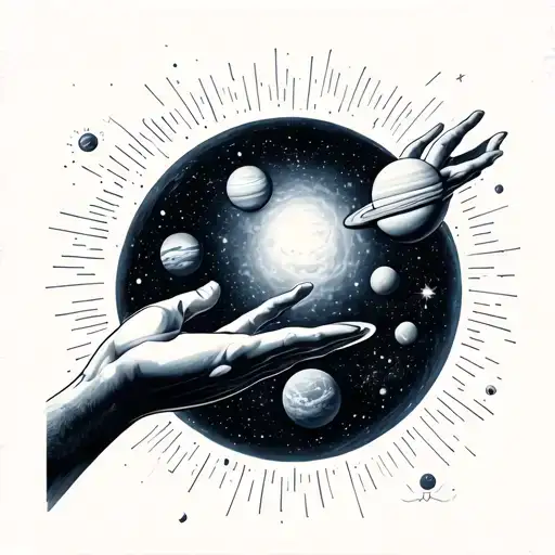 Galaxy Themed Solar System With Reaching Hands Reaching