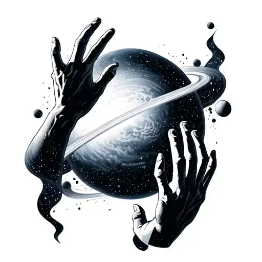 Galaxy Themed Solar System With Reaching Hands Reaching