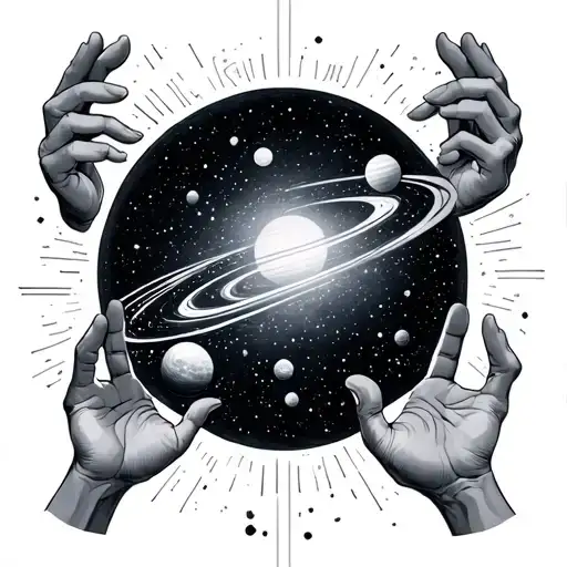 Galaxy Themed Solar System With Reaching Hands Reaching