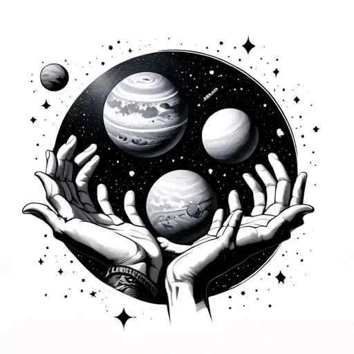 Galaxy Themed Solar System With Reaching Hands Reaching