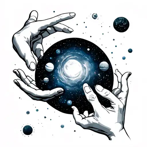 Galaxy Themed Solar System With Reaching Hands Reaching