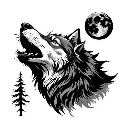 Wolf Howling In Front Of The Moon Tribal