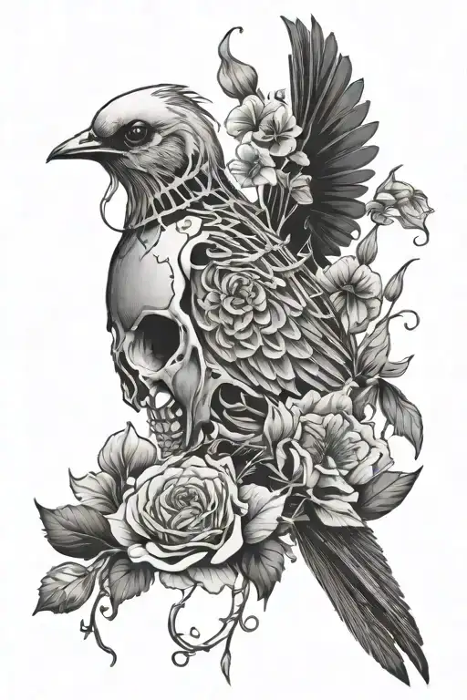 Bird Skeleton With Flowers