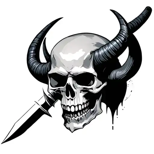 A Skull With Dark Gray Straight Horns Pierced By A Sword