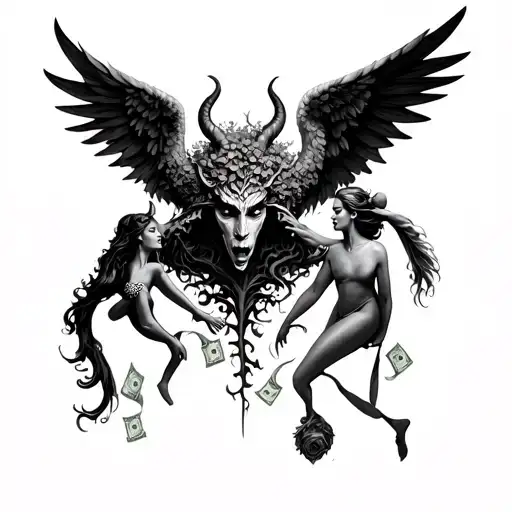 Devil And Angel And Money And Tree