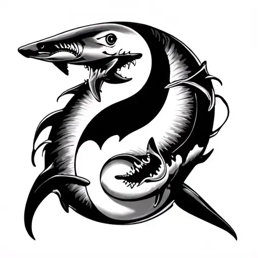 Black Tip Reef Shark And Oceanic Whitetip Shark In A Yin And Yang Form