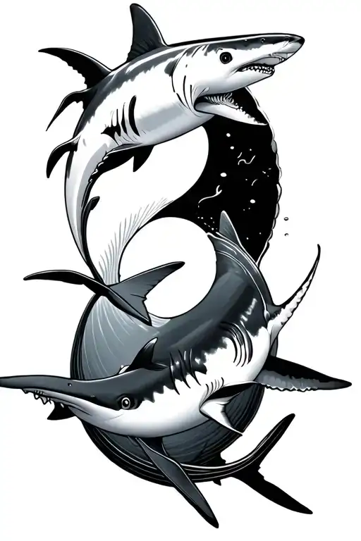 Black Tip Reef Shark And Oceanic Whitetip Shark In A Yin And Yang Form