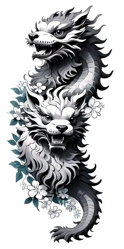 Two Foo Dogs With A Dragon And Forget-me-not Flowers