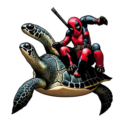 Baby Deadpool Riding A Sea Turtle