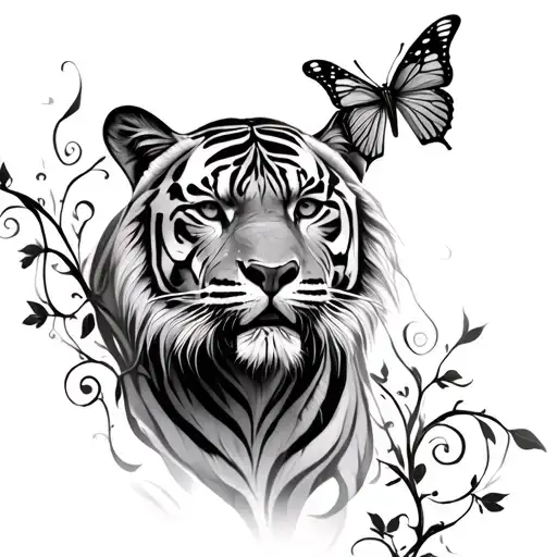 Tiger With Butterfly Trail Wrapped With Vine