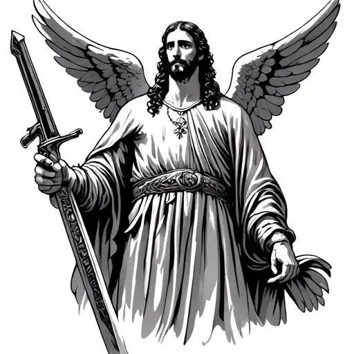 Saint Judas Tadeo Holding A Maverick 88 Shotgun With Angel Guardian Holding A Sword Looking Over Him