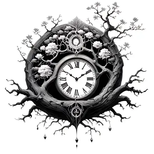 Distorted Clock Face Inside Tree Of Life Japanese Style