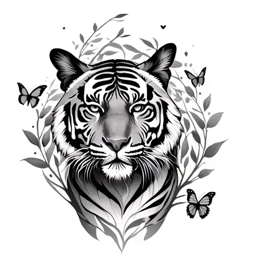 Tiger With Butterfly Trail Wrapping Around It With Vines