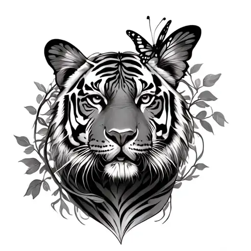 Tiger With Butterfly Wrapped Around With Vines