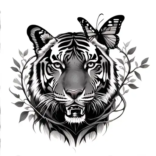 Tiger With Butterfly Wrapped Around With Vines