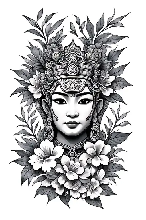 Balinese Barong And Flowers Growing