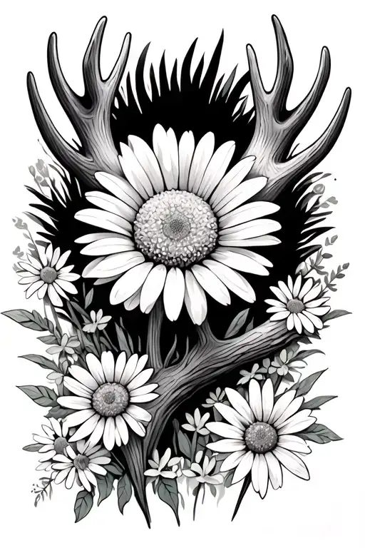 Daisy With Antler Coming Straight Up From The Top And Then One On Bottom With Wildflowers Around It