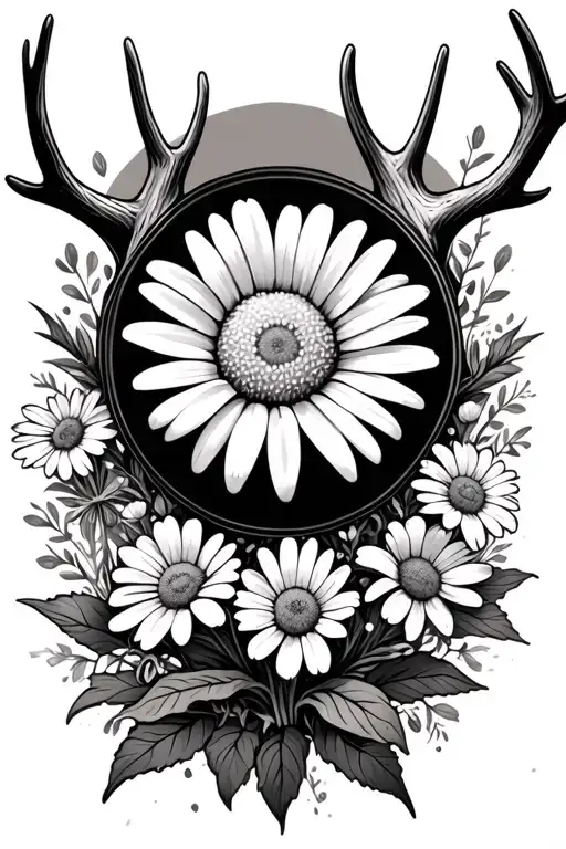 Daisy With Antler Coming Straight Up From The Top And Then One On Bottom With Wildflowers Around It