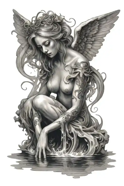 Attractive Angel With Demonic Reflection In Water
