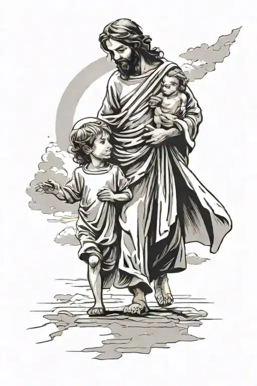 Boy Walking With His Mom Into The Light With Jesus Looking Over