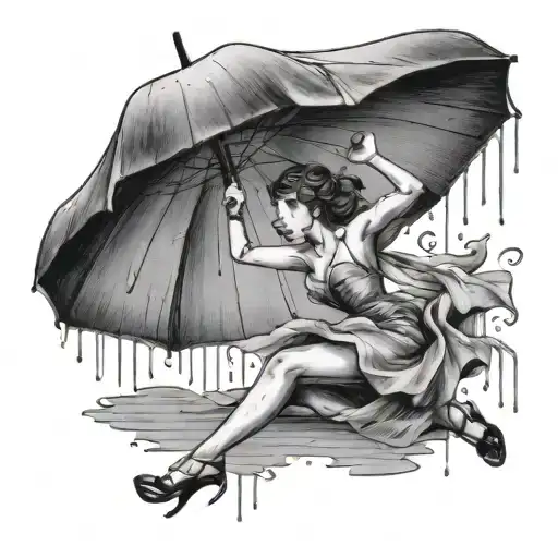 Woman Dancing In The Rain Umbrella Dropped On Floor