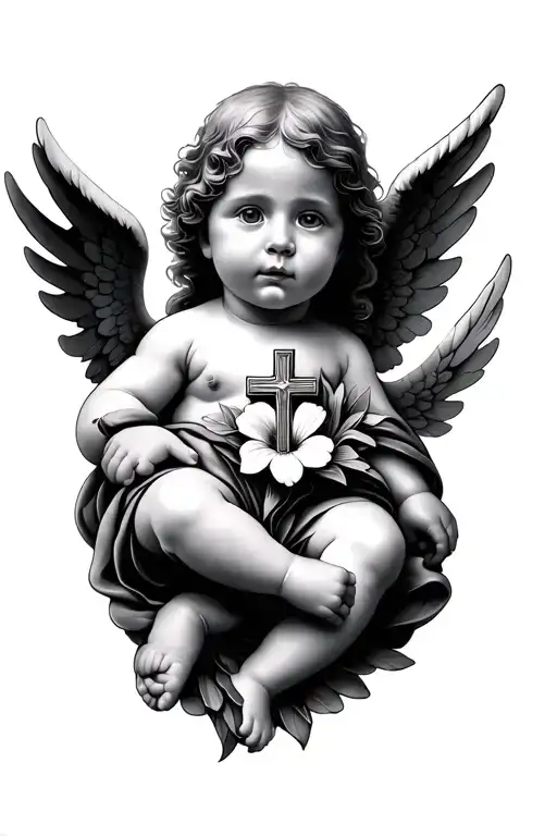 Baby Angel With A Flower In The Middle With A Cross On It And The Wings Wrapped Around It