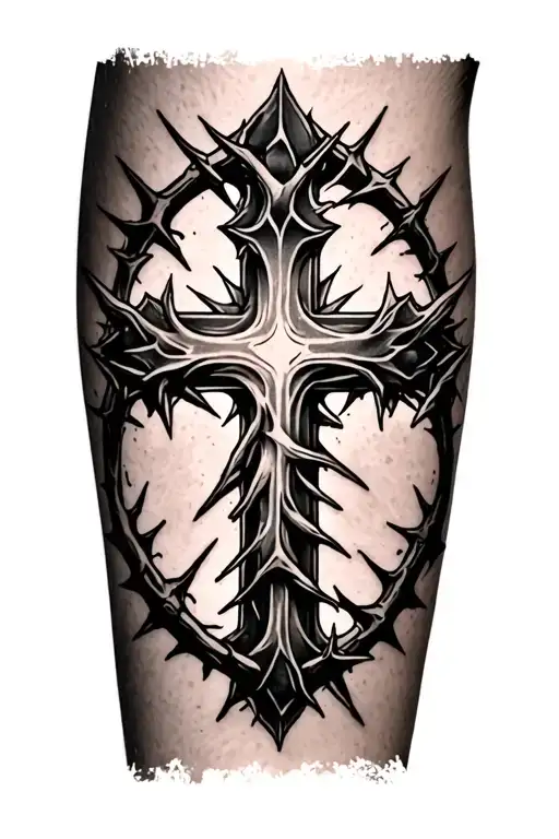 Cross With Thorns Going Around It With Cool Detail Forearm Tattoo For Men