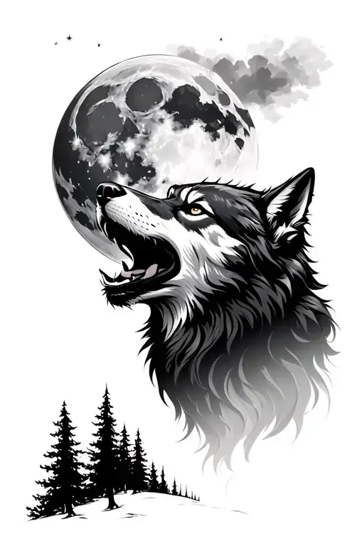 Wolfhead Howling At Moon With Trees Background