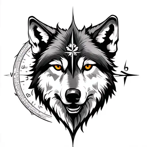 Wolf But The Left Side Of The Wolf Face Is A Compass With The Fleur De Les As The North Indicator