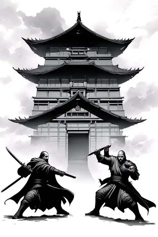 Pagoda In Reading Pa With 2 Ronin Fighting In Front Like Anakin And Obi Wan In Revenge Of The Sith