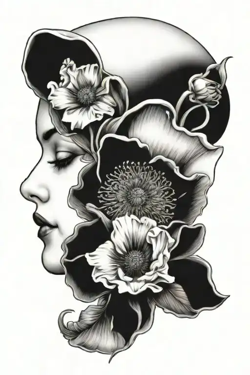 Baby Face Profile With Poppy Flower And Daphodil