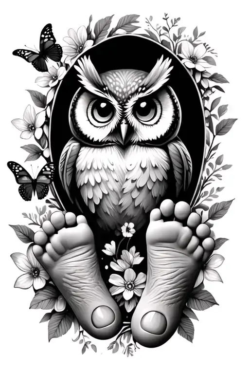 Baby Hand And Foot Prints With Name With Butterflies Flowers An Owl