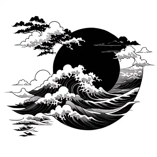Japanese-style Sleeve Tattoo With Waves And Clouds