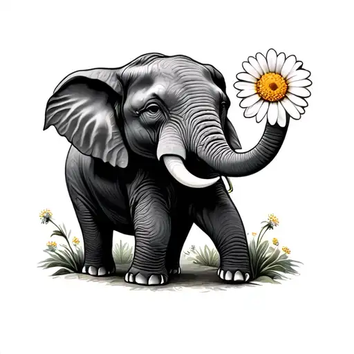 Elephant Outline Holding A Daisy
