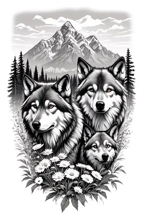 Grand Tetons With Valley Of Wildflowers And Wolf Family