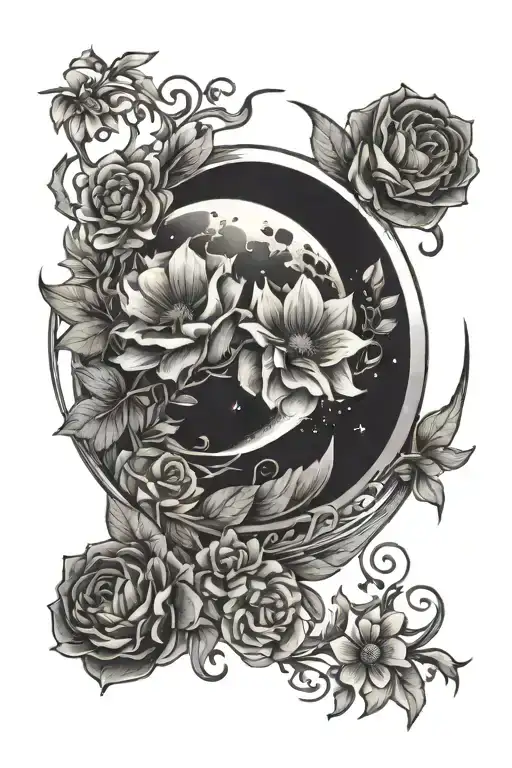 Dark Cresent Moon With Flowers Wrapping Around It