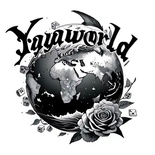 Yayaworld' In Gothic Text Revolving Around A Globe With Roses And Sharks Dices And Waves