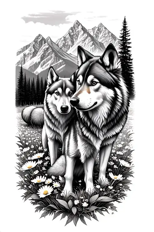 Grand Tetons With Valley Of Wildflowers And Wolf Family 2 Pups