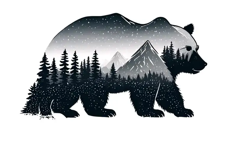 Fine Line Bear Silhouette With Mountain And Trees