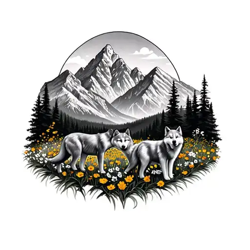 Teton Mountains With Valley Of Wildflowers 2 Wolfs And 2 Wolf Pups