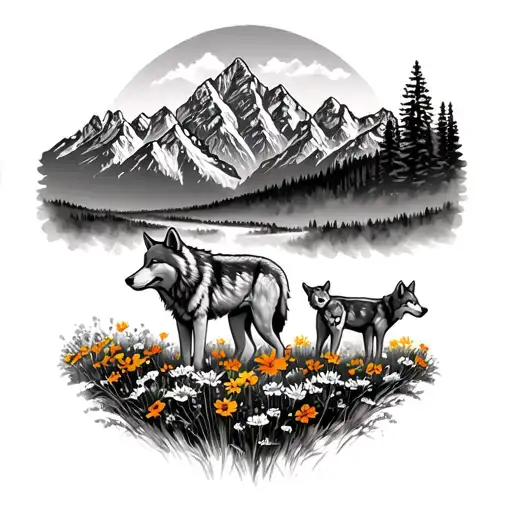 Teton Mountains With Valley Of Wildflowers 2 Adult Wolfs And 2 Wolf Pups