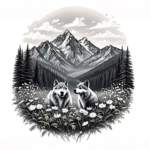 Teton Mountains With Valley Of Wildflowers With 2 Wolf Pups