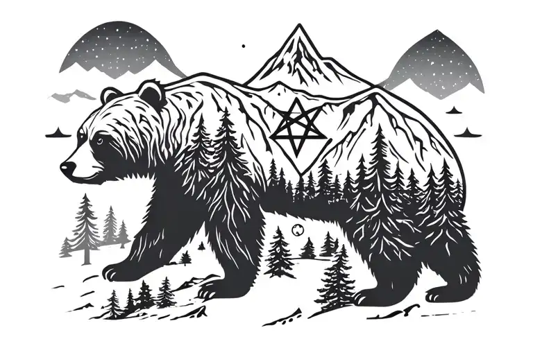 Fine Line Bear Silhouette With Mountain And Trees Pentagrams In The Night