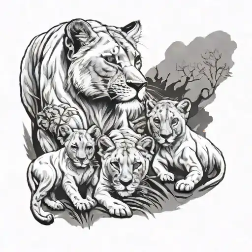 Lioness And 4 Cubs Surrounded