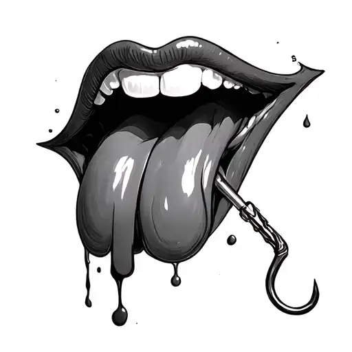 Draw A Sketch Of A Tongue Sticking Out Without Lips With A Bloody Tongue Pierced With A Hook