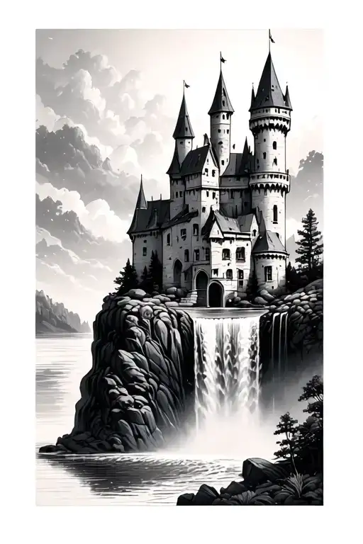 Castle With To Water Falls On Each Side