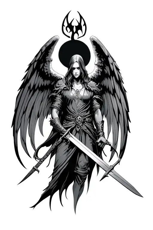 Dark Gothic Guardian Angel Fine Lines Warrior Holding Daggers Or Swords