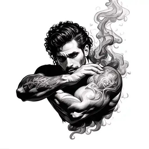 Tattooing Smoke On The Shoulder And Around The Shoulder Up To The Hand Biceps Black White