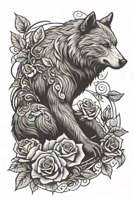 Bear Wolf Bird Surrounding Rosebud Centrally Overlaid On Top